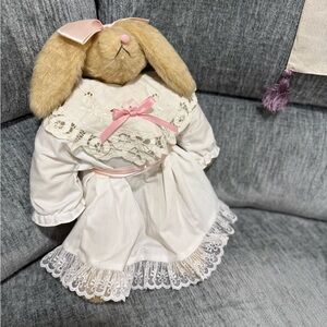 Plush Bunny Doll in White Dress with Pink Accents